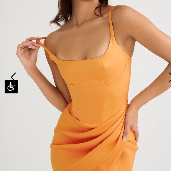House of CB BIANCA (Tangerine) Satin Pleated Corset Midi Dress NWT - Picture 3 of 9